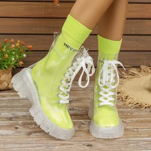 2025 New Fully Transparent Martin Boots with Thick Crystal Soles, Lace-Up Short Boots, Fashionable Foreign Trade Large Size Cross-Border Trendy Shoes