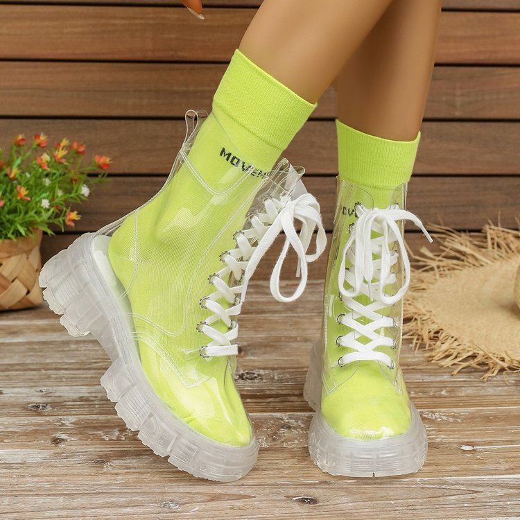 2025 Fully Transparent Martin Boots with Thick Crystal Soles, Lace-Up Short Boots, Large Size Trendy Shoes for Export, Thick-Soled Snow Boots
