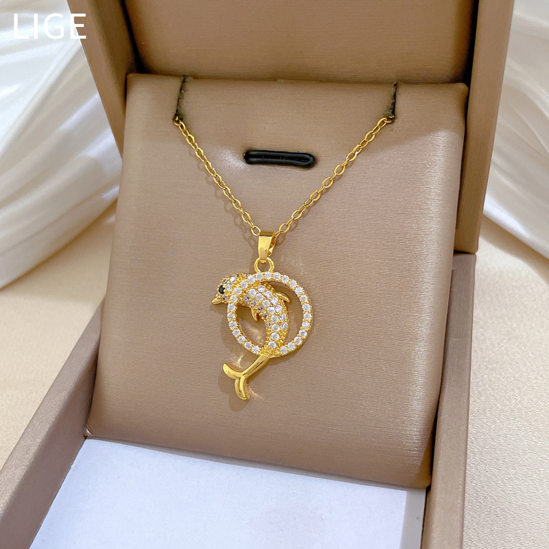 Titanium Steel Dolphin Necklace With Full Diamond Inlay Elegant_voghion.com