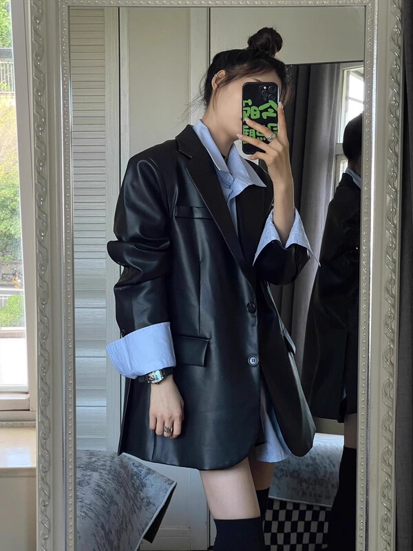 皮衣西装外套女2025早秋外套新款黑色复古宽松休闲气质感上衣|undefined