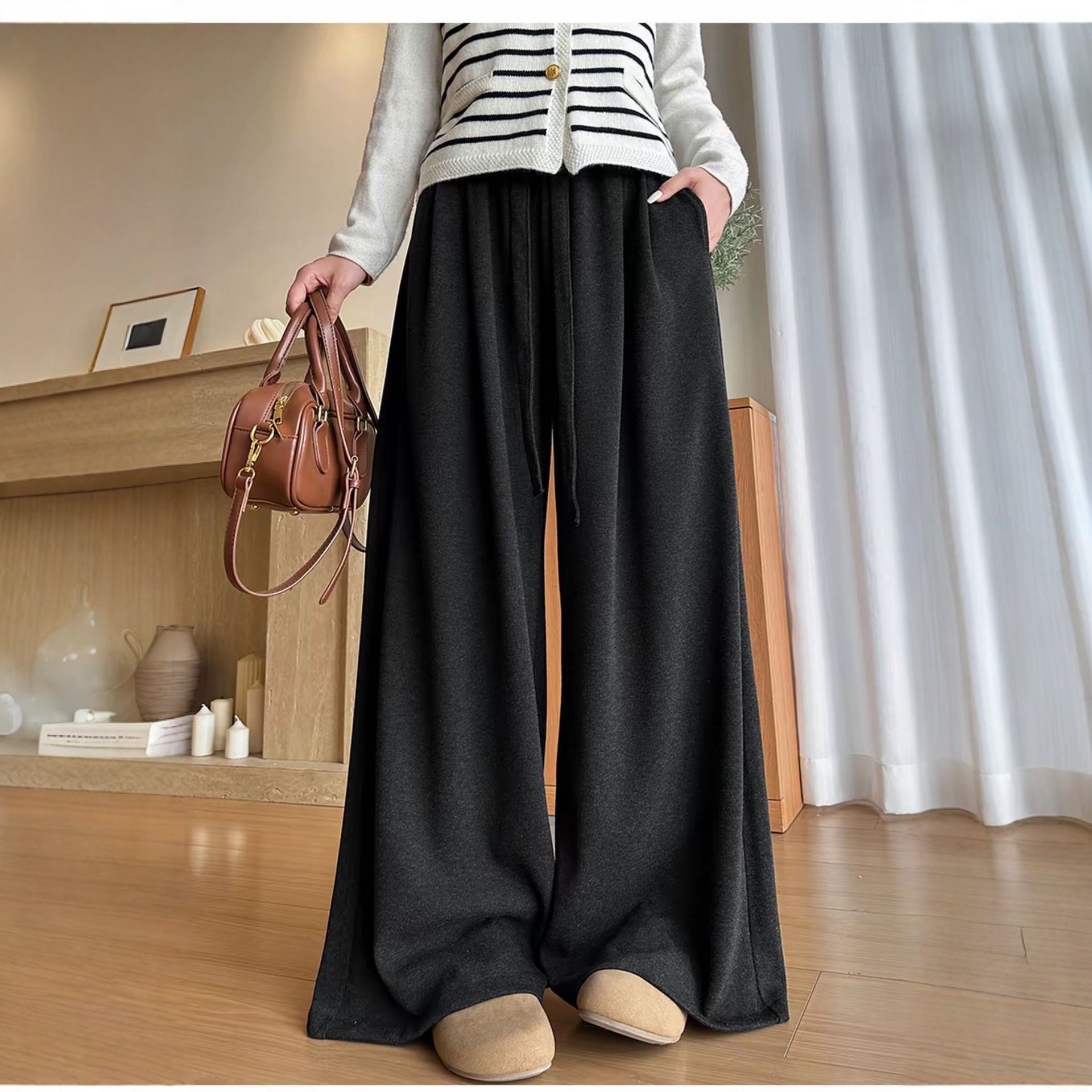 糯米呢垂感阔腿裤2025秋冬新款女士高级质感高腰抽绳宽松休闲裤