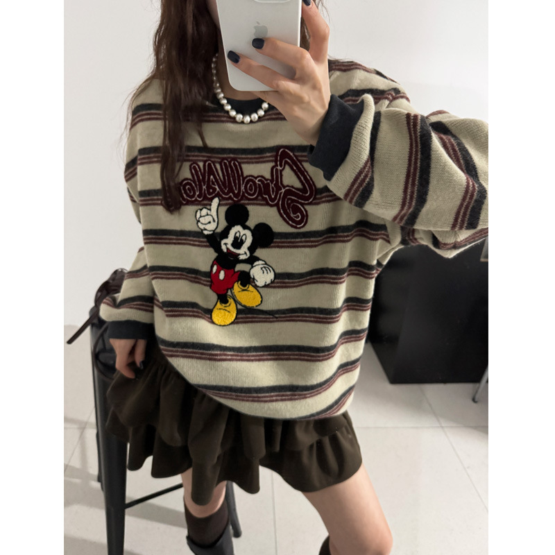 2025冬季新款洋气复古趣味动漫印花条纹长袖针织上衣女宽松休闲潮