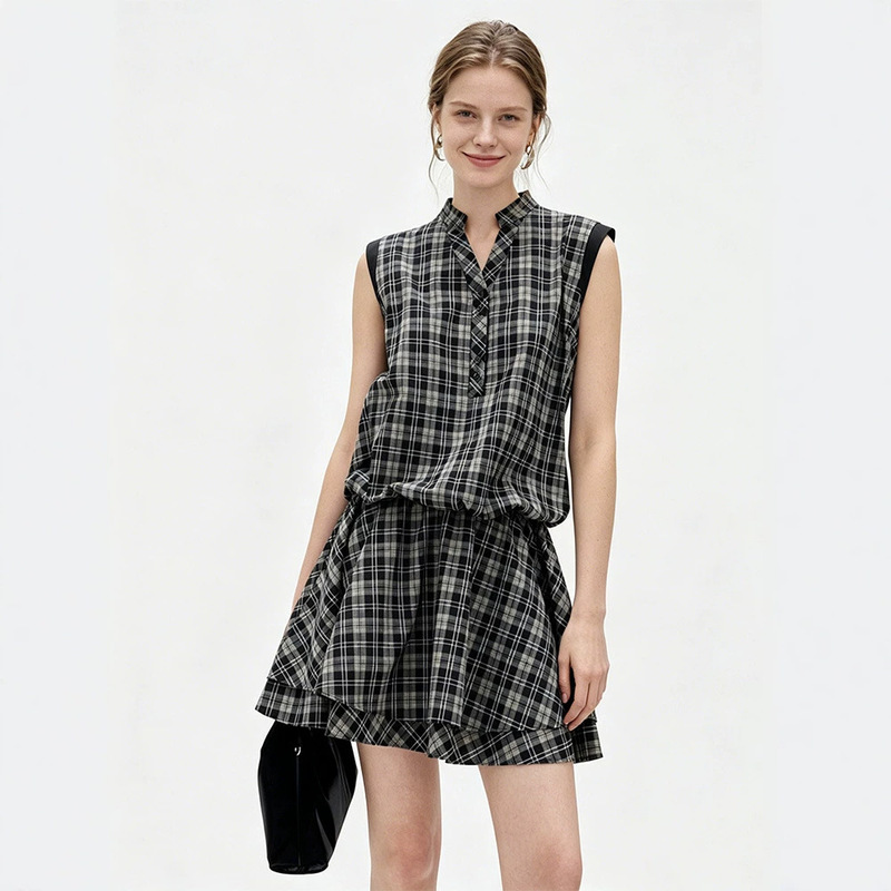 [Berkley Town] Retro Plaid Floral Dress Women's 2026 Summer Patchwork A-Line Short Skirt