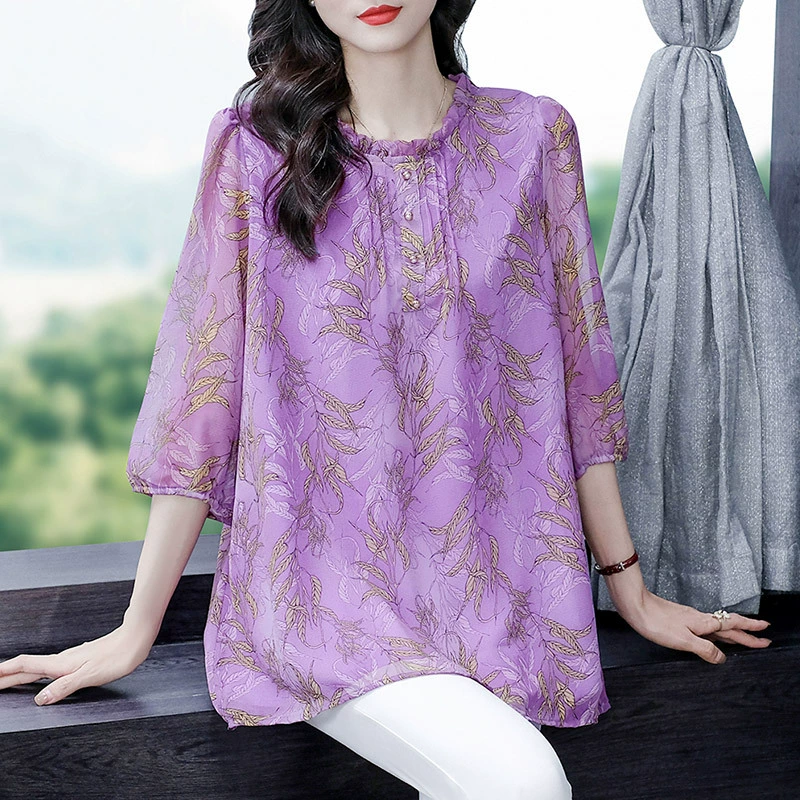 Летняя модная шифоновая рубашка со средним рукавом для молодой мамы, рубашка с принтом, топ, женская одежда для среднего и пожилого возраста