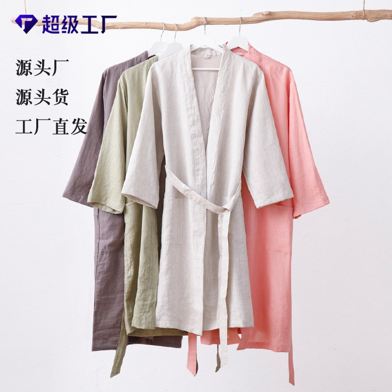 26 Lusuo Linen Bathrobe, Bathrobe, Nightgown, B&B Hotel Club, Chinese-Style Loose-Fitting Nightgown for Men and Women, Couple's Nightgown, Home Wear