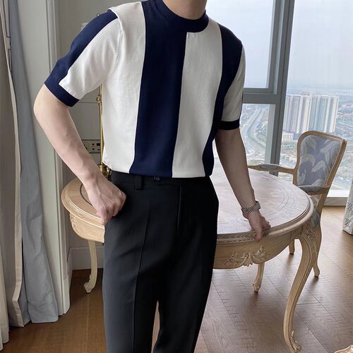 Fashion Striped Sheer Short-Sleeve T-Shirt for Men: Casual, Simple, Fitted Top with Trendy Knit Shirt