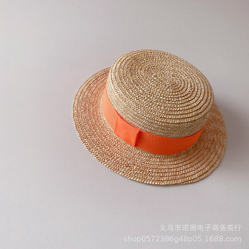 Sombrero de paja de trigo plano para niños, estilo coreano, para playa, ala ancha, protección solar, moda