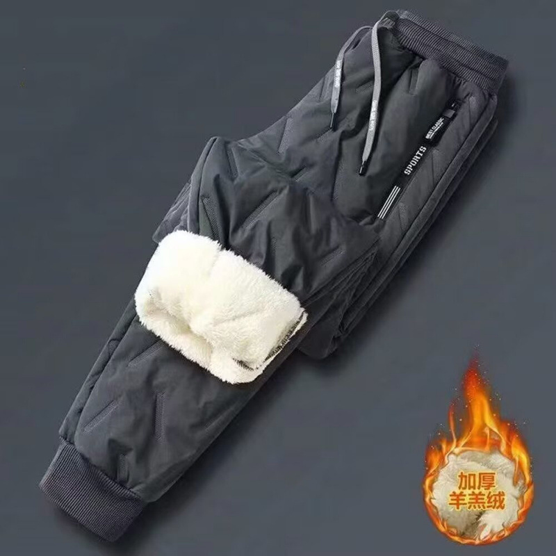 Men's fleece-lined winter snow pants, plus size, windproof and warm down cotton pants.