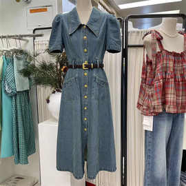 2023夏季新款韩版法式复古POLO领单排扣高腰连衣裙带腰带女
