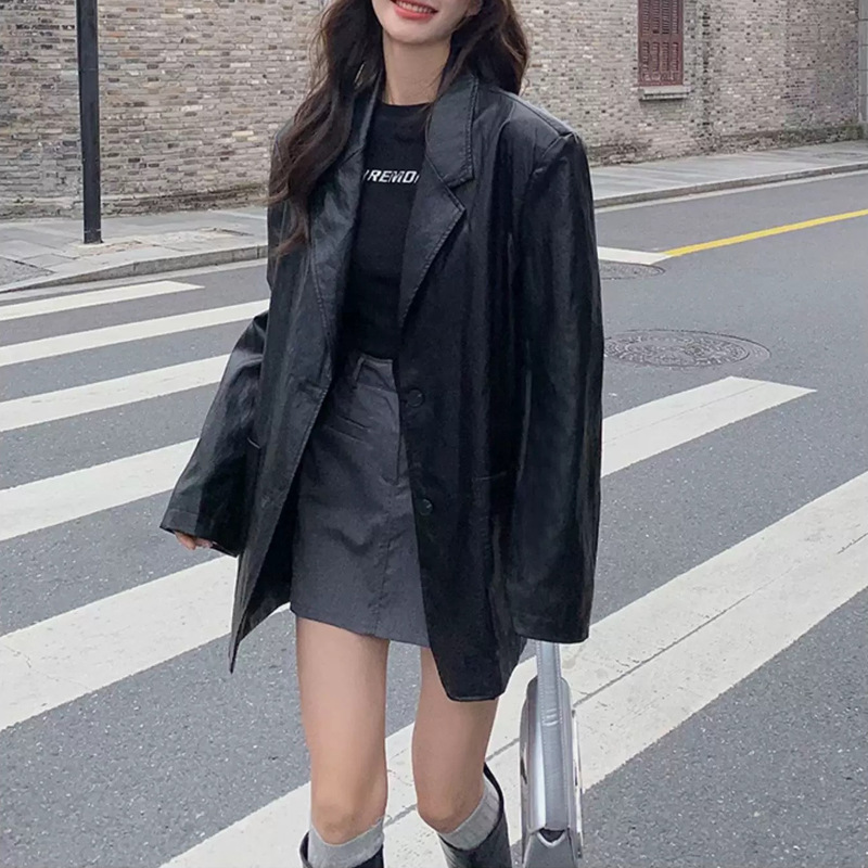 Black Leather Jacket Women's Spring & Fall 2025 New Hong Kong Style Retro Pu Leather Suit Elegant High-End Silhouette Suit