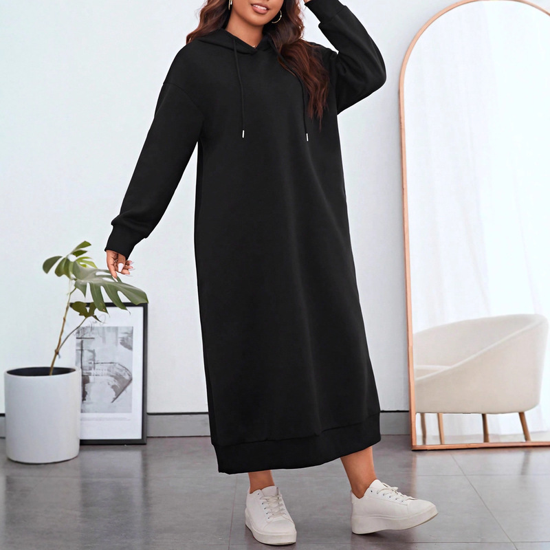 Cross-Border New Autumn and Winter Style Fleece-Lined Loose Long Hooded Sweatshirt Dress Straight Long Skirt