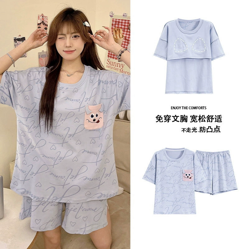 Summer pijama, cute sleeves, cartoon top with cups for elementary school students for leisure, with short sleeve, Korean style, oversize