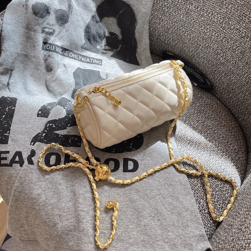 Elegant cylinder bag cylindrical new small golden ball rhombus chain shoulder all-match niche crossbody pillow bag Internet celebrity