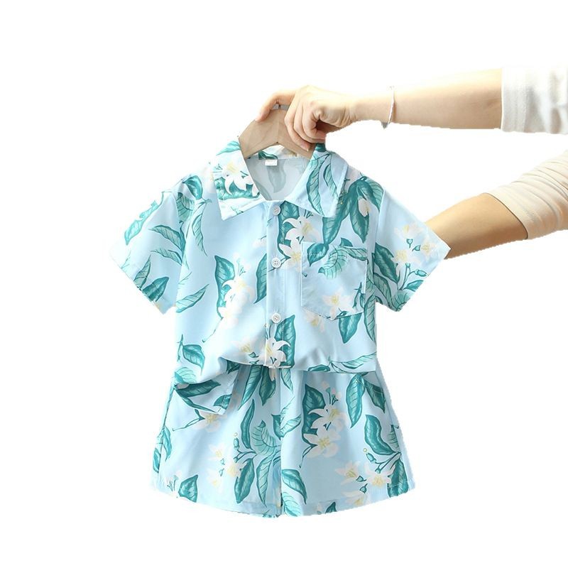 7858 traje de verano para niños 2025 nueva camisa de manga corta para niños de dos piezas ropa de estilo de playa de verano para bebés
