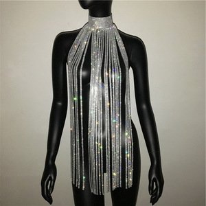 Women girls jazz dance bling tassels mini dress hot style rhinestone diamond tassel tops rhinestones fringe hanging neck dress sexy hollow out bright party skirts