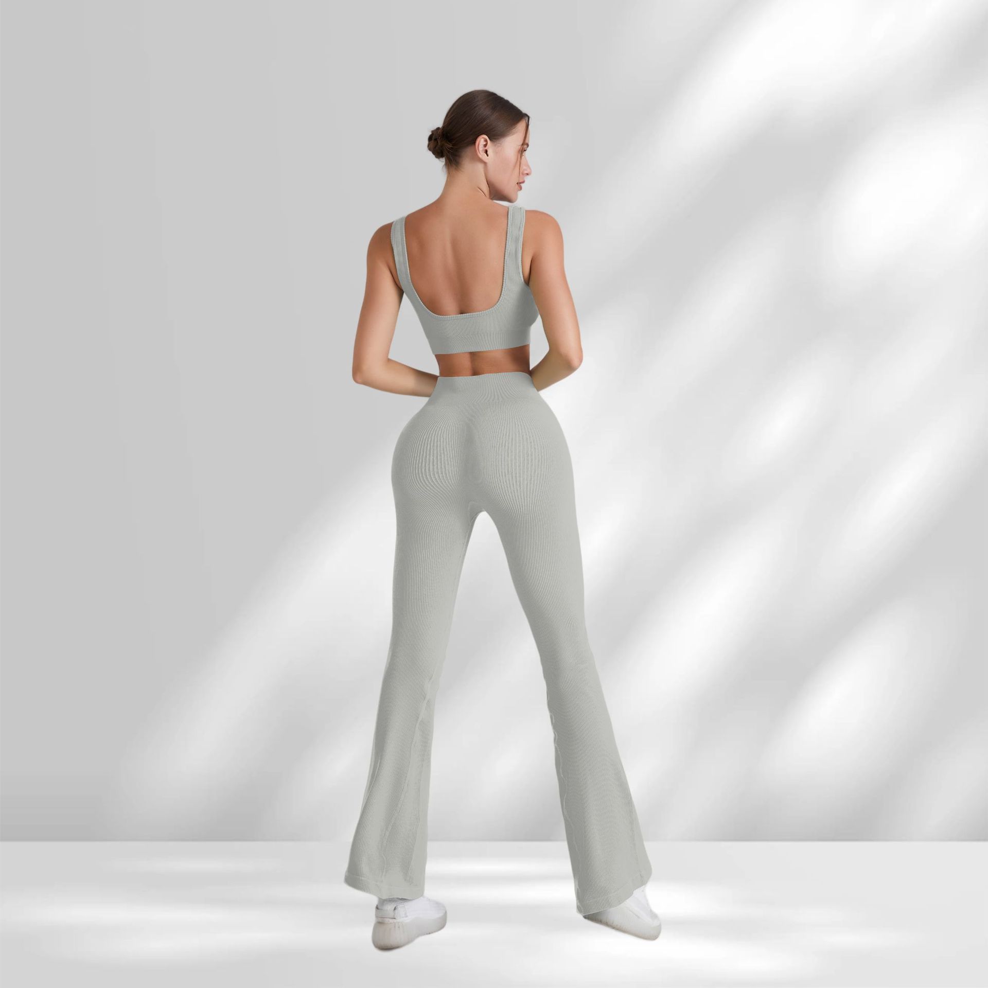 Ropa de yoga sin costuras europea y americana para deportes de mujer, chaleco envolvente de burbujas para correr, cintura alta, levantamiento de cadera, pantalones acampanados, pantalones de fitness