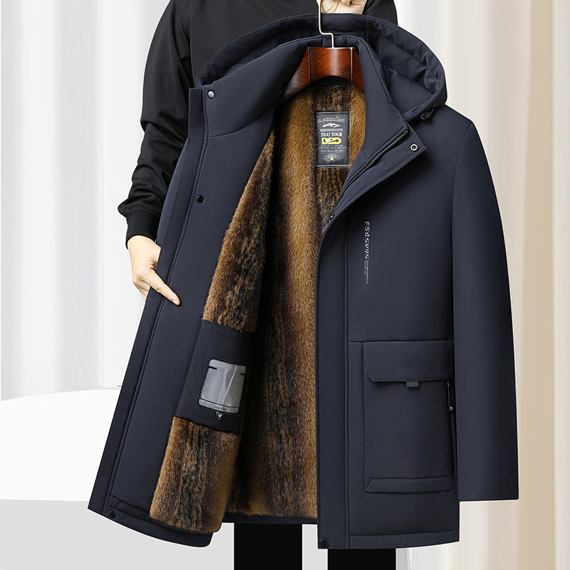 Loose-fitting plus-size cotton-padded coat for middle-aged and elderly men, detachable hood, winter fleece-lined, thickened warm coat for middle-aged men.