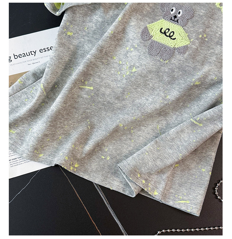 Women's Clothing Casual Fashion Sports Suit For Women Summer New Round Neck Bear Embroidery Tie Dye Top Loose Jeans Two Piece Suit_ecoleips.com