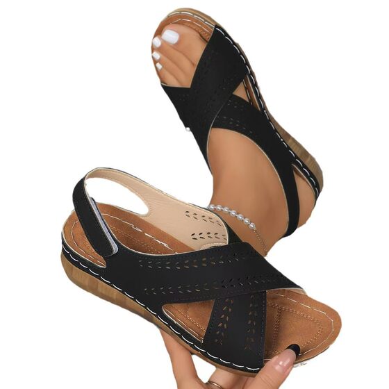 2024 New European and American Style Wedge Cross Thick Bottom Comfortable Anti-Slip Slippers Women's Casual Open Toe Retro Fish-Toe Shoes