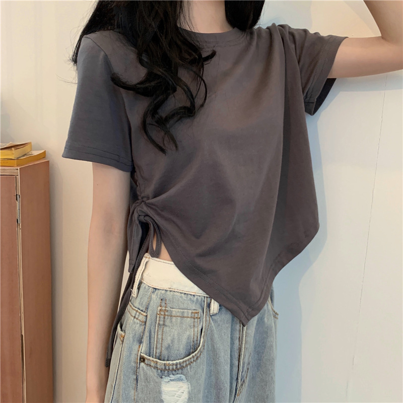 Irregular Drawstring Short-Sleeved T-Shirt for Women 2024 New Summer K-Style Ins Versatile Student Sexy Top