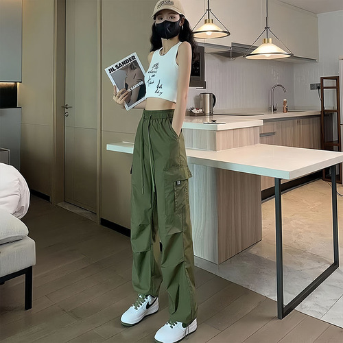 Women's Thin High-Waisted Drawstring Ankle-Hiking Pants, Ice Silk Quick-Dry Work Trousers, American Harem Sport Pants