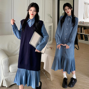 chubby girl Autumn and Winter Long Knitted Vest Shirt dress Autumn and Winter plus size Age-reducing College Style Two-piece Dress Women