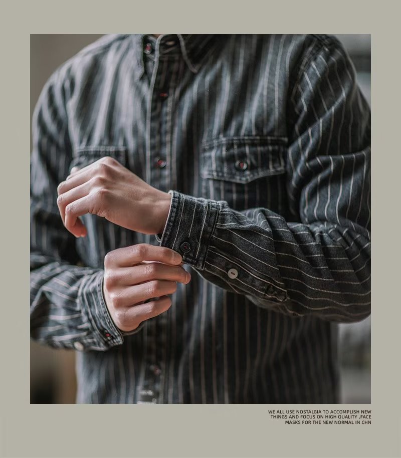 Herren Denim Hemd Japanischer Retro Style Langarm Gestreift_voghion.com