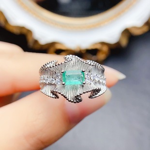 New natural emerald ring S925 silver inlay main 4*6mm Joker net red explosions women's jewelry wholesale