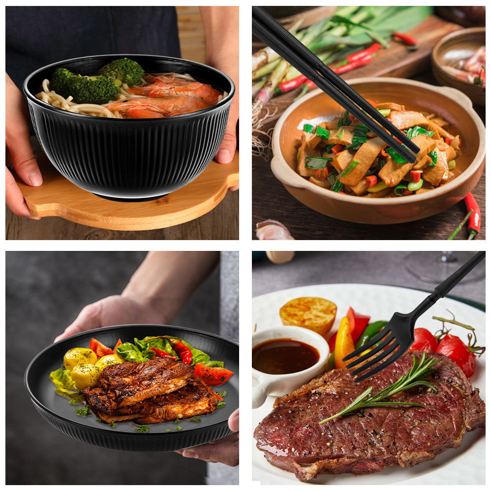 亞馬遜豎紋盤碗杯餐具黑色豎紋杯23盤15碗刀叉勺筷子水果叉便攜盒