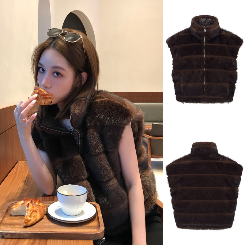 25 Autumn/Winter New Style Brown Faux Mink Fur Versatile Casual Reversible Vest Winter Thickened down Vest for Women