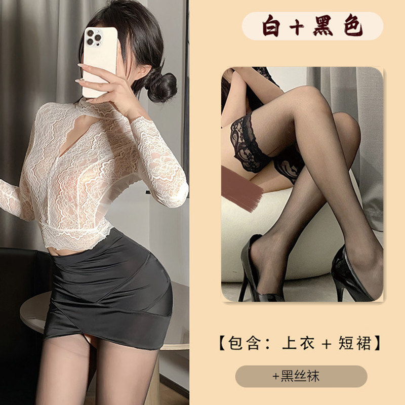 흰색 + 검정색 [탑 + 스커트 + 끈 팬티] + 검정색 스타킹