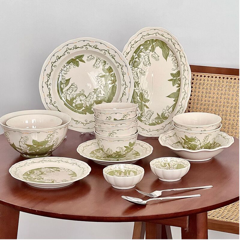 Ruffled Lily of the Valley Green Small Fresh Bowl and Plate Set for Home Use, Ins-Style Ceramic Rice Bowls and Plates, High-Temperature Tableware