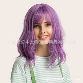 跨境货源 欧美假发女士手工卷发斜刘海蓬松烟紫色头套 厂家批发