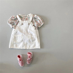 Korean version of children's clothing 2022 summer girls' denim suspender skirt + floral short-sleeved T baby cute and trendy suit