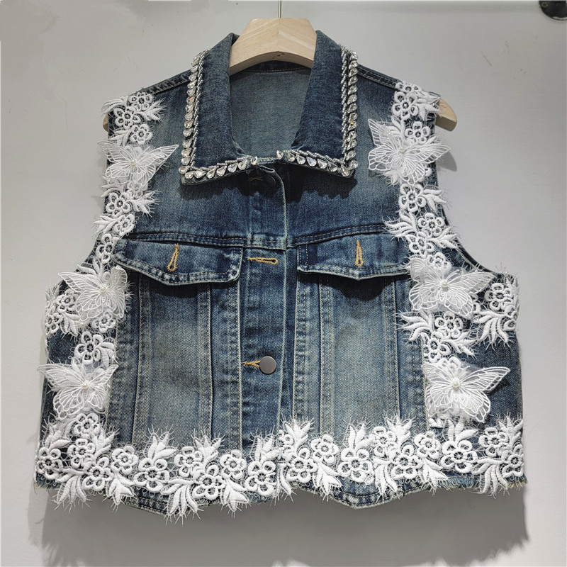 Europa y América de moda industria pesada diamantes tridimensionales chaqueta de vaquero de flores de lujo ligero chaleco sin mangas de alta calidad image 1