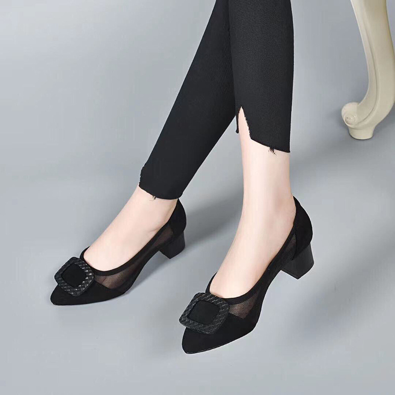 Giày lười nữ mũi nhọn da lưới thoáng khí, xỏ chân tiện lợi, gót 3 cm — Gót đen cao 3 cm