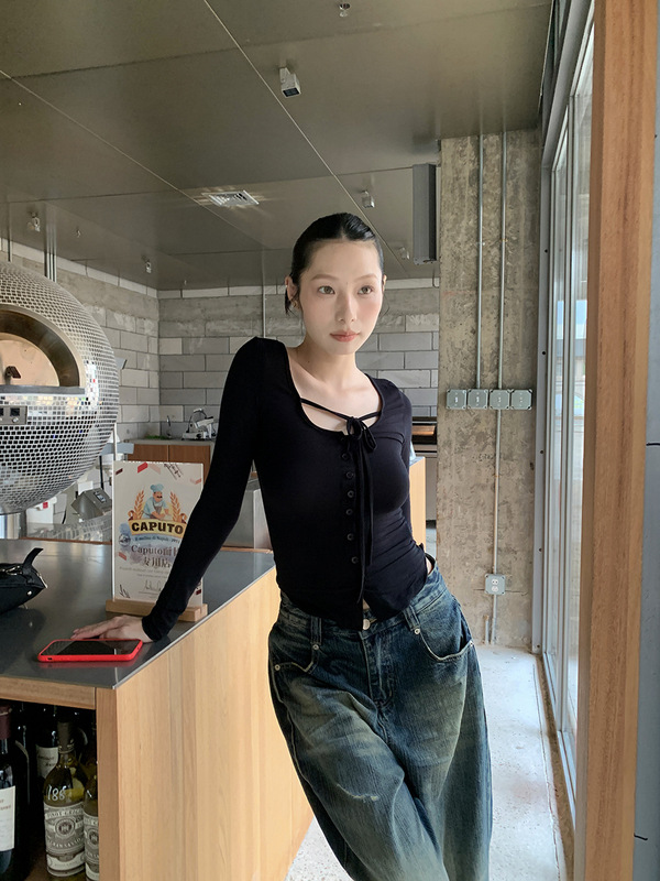 [9hour]美式纯欲风别致系带开衫女 2025秋季外搭长袖t恤女c250616|undefined