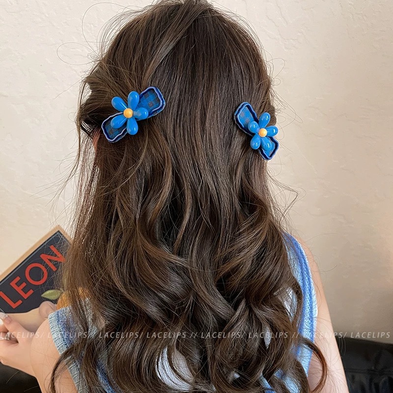 38# yellow and blue contrast color five-petal floral plaid bow hair clips [pair]