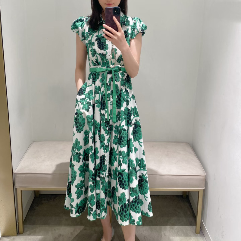 Nanyou Classy Women's Clothing Dvf25 Early Autumn New Short-Sleeved Summer Green Berry Flower Pattern Elegant Dress Nanyou Classy Women's Clothing Dvf25 Early Autumn New Short-Sleeved Summer Green Berry Flower Pattern Elegant Dress