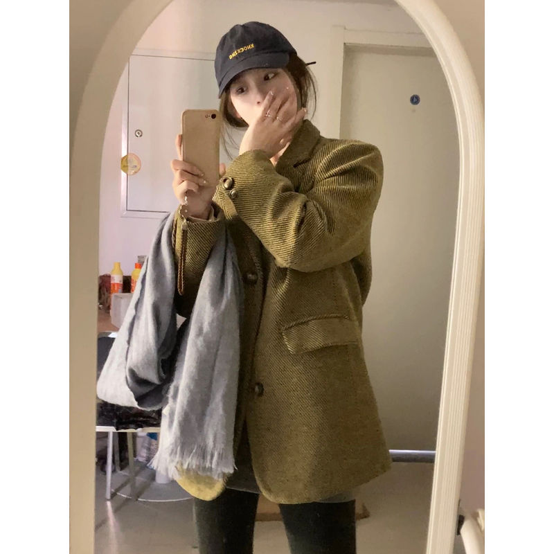 法式复古气质显瘦西装外套女2025秋冬新款宽松休闲斜条纹毛呢大衣|undefined