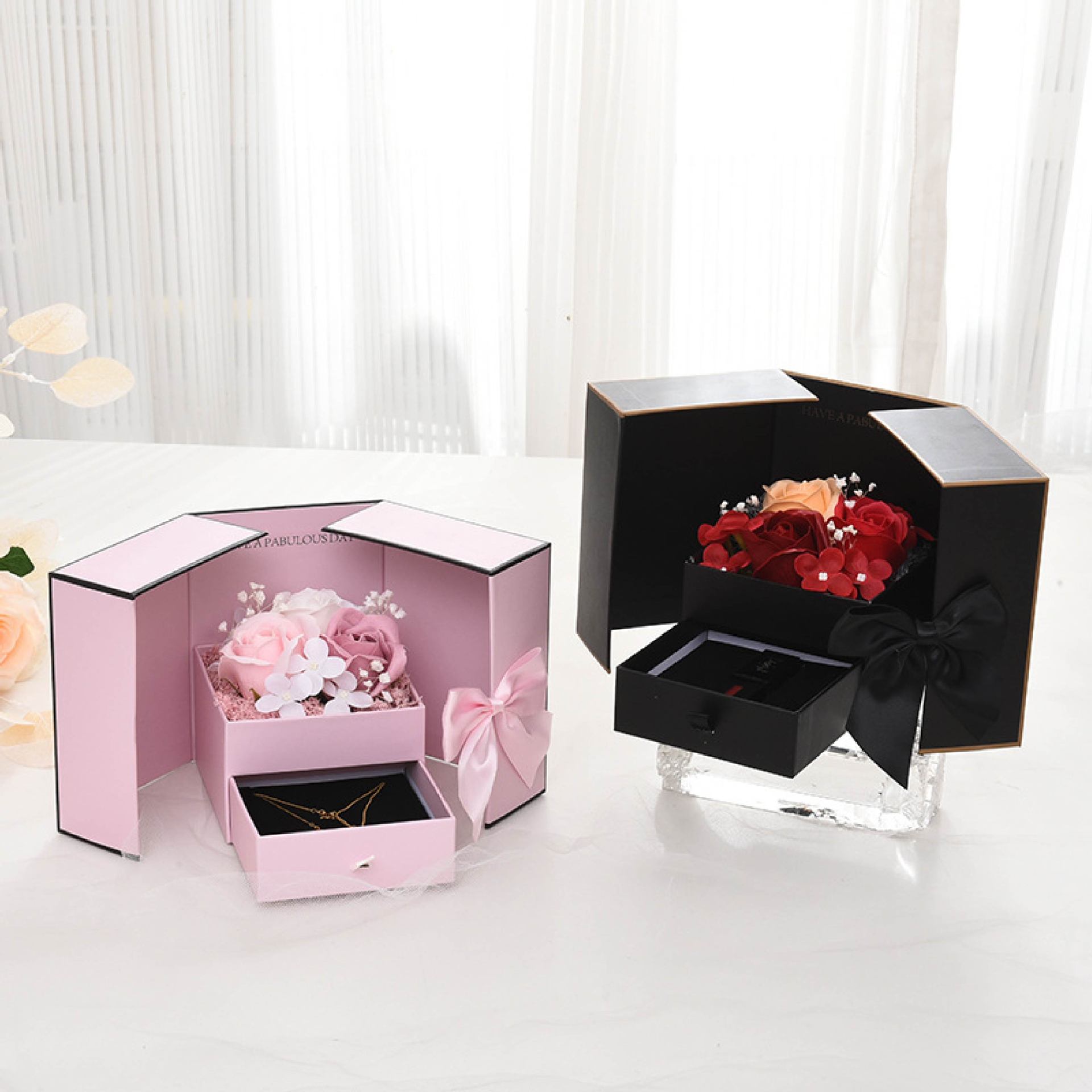 Día de San Valentín Inmortal Rose Joyas Caja de regalo Creativa de doble puerta Saponina Flor Lápiz labial Collar Caja de embalaje de regalo