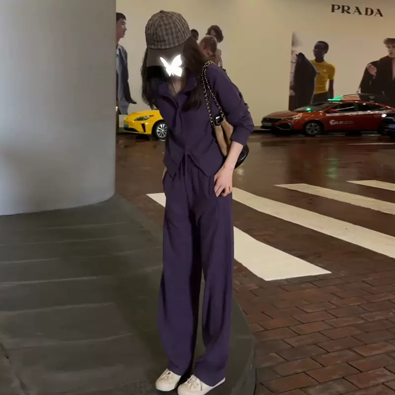 紫色气质时尚运动套装女春秋小个子修身休闲连帽卫衣阔腿裤两件套