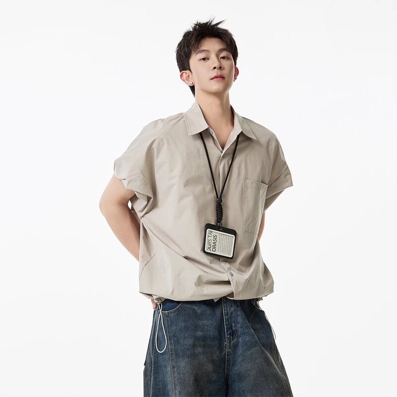 Khaki Work Shirt Short-Sleeved Men's Summer American Simple Loose Lapel Shirt Drawstring Design Couple's Inch Shirt Trendy