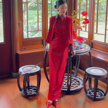 新中式晨拍礼服女新娘红色外搭配旗袍敬酒服两件套秋冬季订婚礼裙