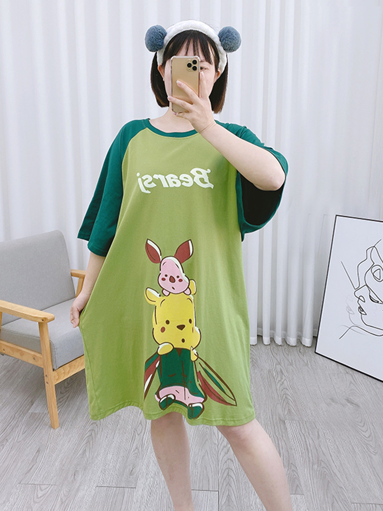 Pijama de verano camisón delgado de manga corta para mujer puesto de dibujos animados lindo estudiante suelto vestido MIDI de una pieza ropa para el hogar