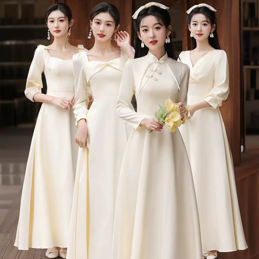 Chinese-Style Bridesmaid Dress 2026 New Winter Champagne-Colored Satin Sister Group Dress Women's Autumn and Winter Long-Sleeved High-End Feel