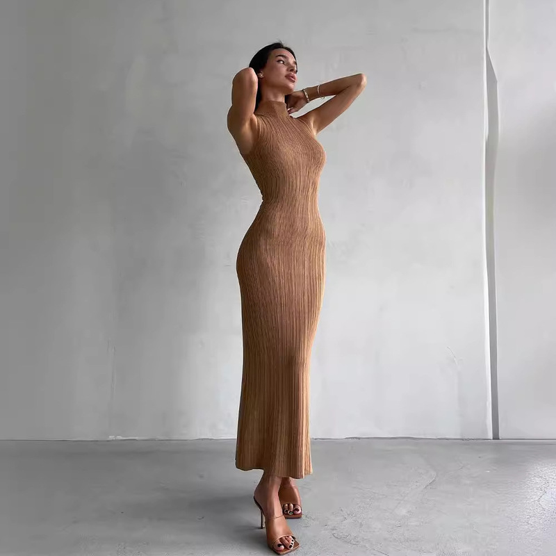 Knitted Turtleneck Sleeveless Tight Skirt 2025 Spring and Summer New Mid-Length Skirt Elegant French European and American Dress