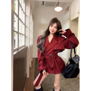 Real shot in stock autumn all-match double-breasted long sleeve loose slim suit collar long trench coat