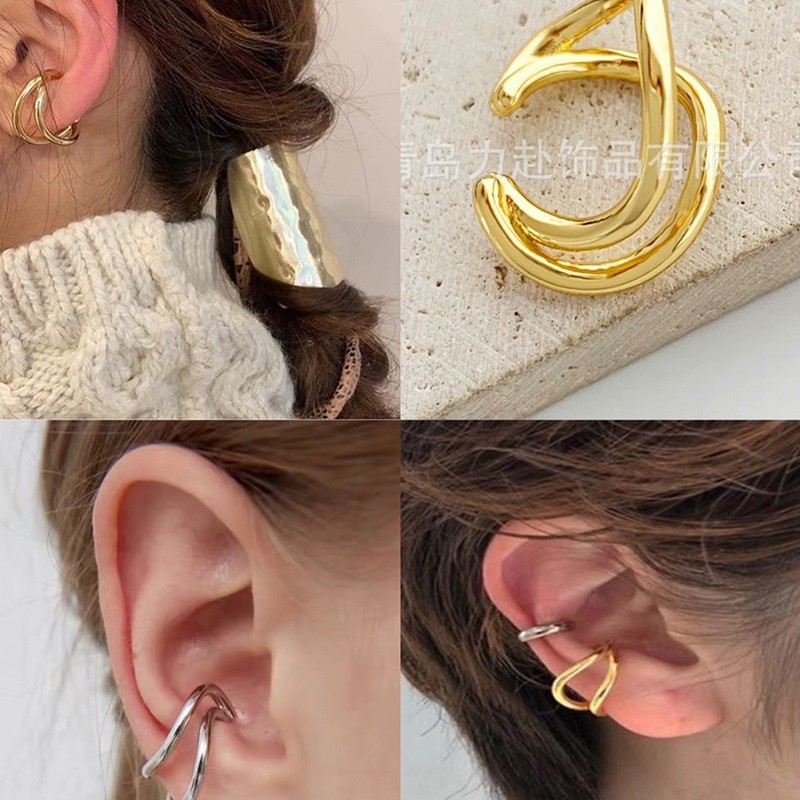 日系时髦质感不规则金属线条交双线可叠戴耳骨夹无耳洞批发