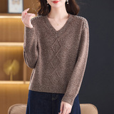 年青款100%羊毛针织衫时尚v领宽松毛衣秋冬羊毛衫中年女装妈妈装，女装针织衫/毛衣，妃慕昵服饰